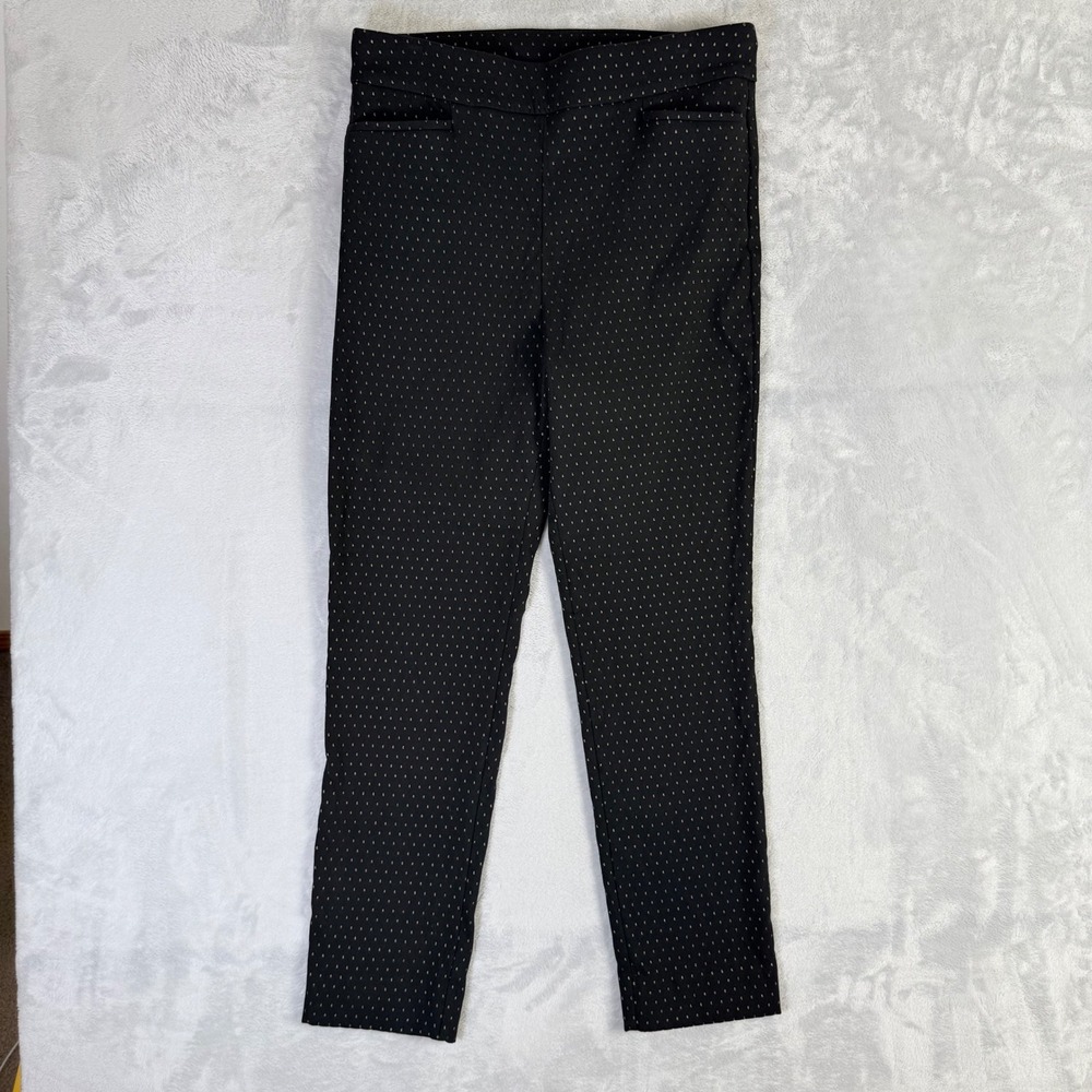 Chico's Ankle Pants Women Size 1R 8R Black Gold Metallic Pin Dot Pull On Stretch